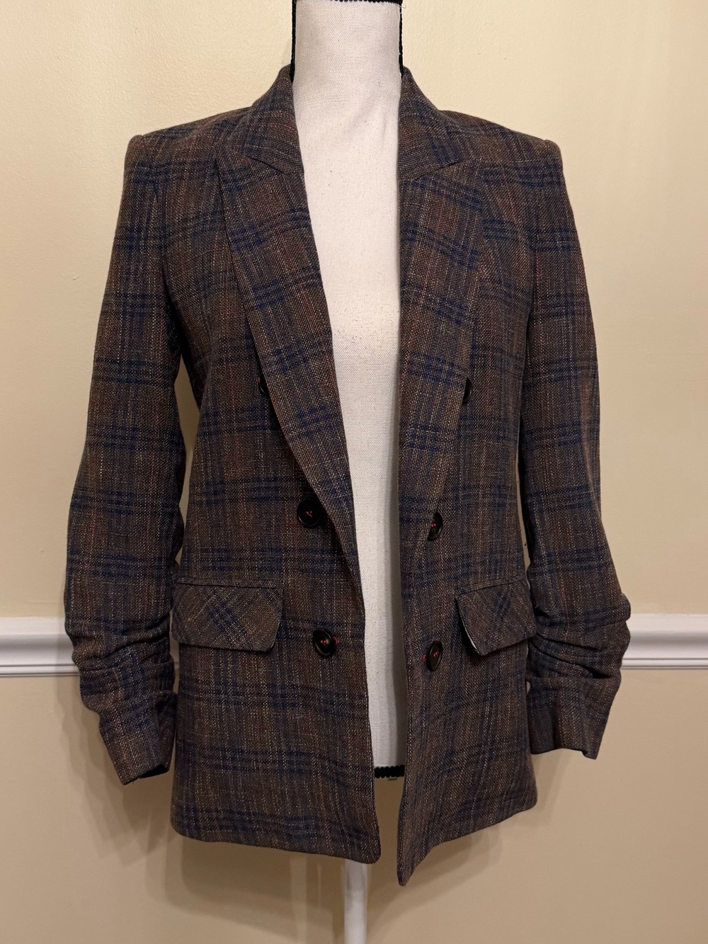Veronica Beard Beacon Plaid Faux Double Breasted Blazer Wool Dickey Jacket Brown
